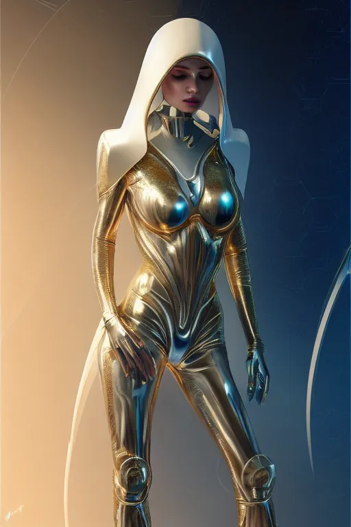 Image similar to detailed portrait ultra glam cyber noun, attractive feminine curves, intricate, scifi, futuristic, elegant cape, elegant, alien room background, white, blue, gold, photorealism, trending on artstation, holy halo, advanced technology, art by moebius and vitaly bulgarov and chanthara