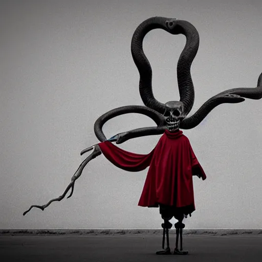 Image similar to monumental, weary 3 d render by nathan wirth. a beautiful street art of a horned, red - eyed, skeleton - like creature, with a long black cape, & a staff with a snake wrapped around it, standing in front of a castle atop a cliff.