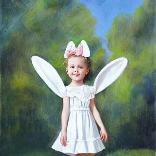 Image similar to A cute young girl with white ruffled dress and bunny ears standing straight by Claire Keane, Marc Davis, James Baxter and Mark Henn, hyperdetailed, photorealistic