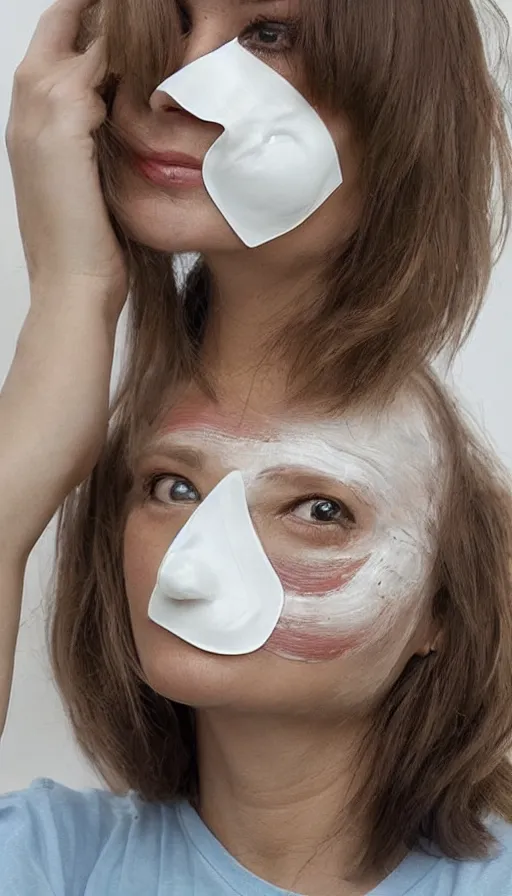 Prompt: a woman with a plastic mask on her face, trending on pinterest, plasticien, biomorphic, made of plastic