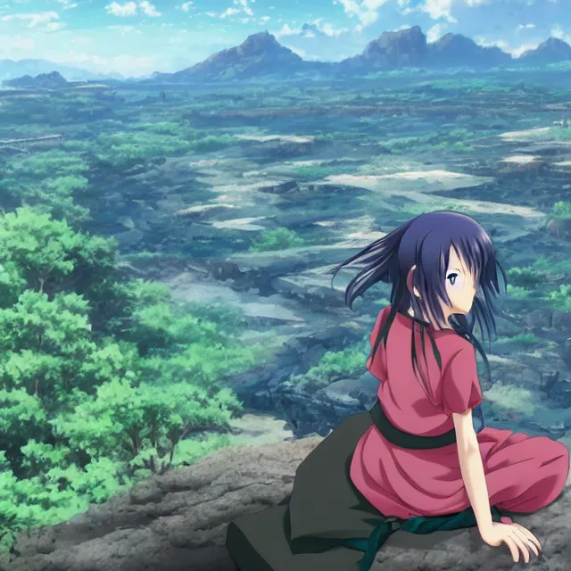 Prompt: An anime girl sitting atop a mountain, overlooking a vast kingdom, an anime still by Madhouse Animations