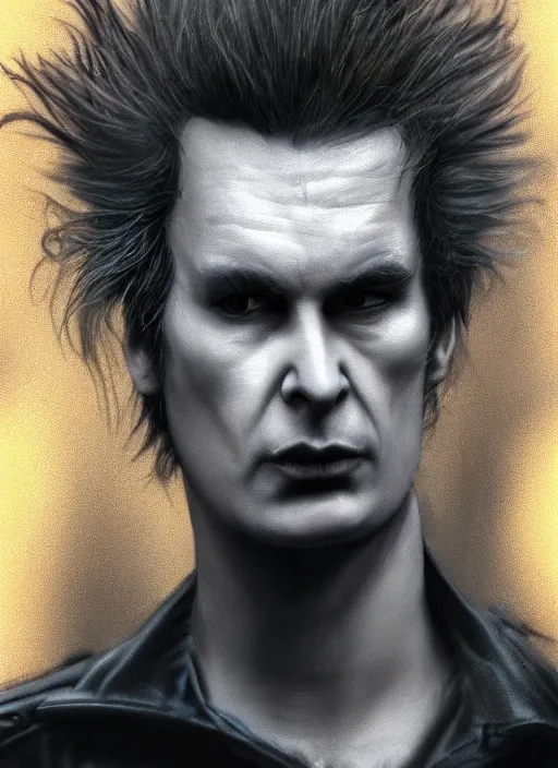 Image similar to sid vicious in real life, face centered portrait of sid vicious, confident, fog, rain, volumetric lighting, beautiful, golden hour, sharp focus, ultra detailed, cgsociety by leesha hannigan, ross tran, thierry doizon, kai carpenter, ignacio fernandez rios, noir art house, 4 k, 3 5 mm, fujifilm