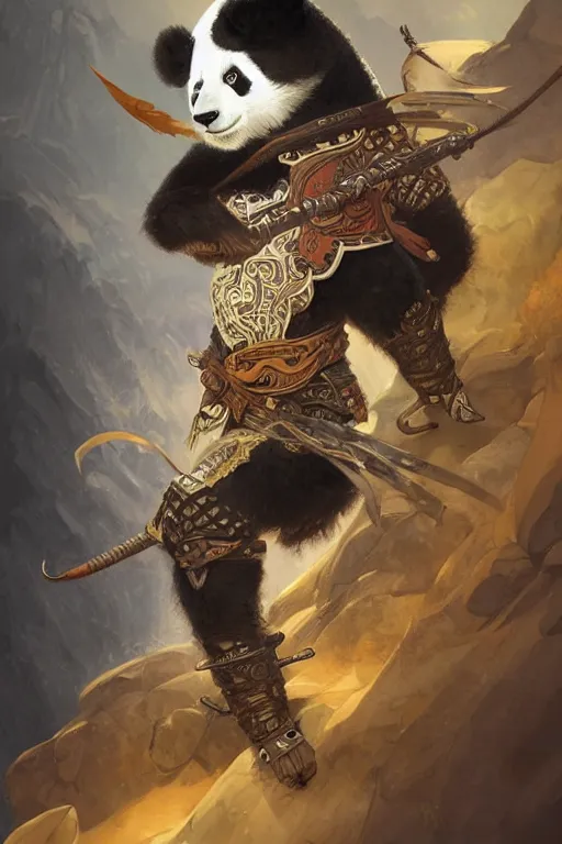 Image similar to a anthropomorphic panda warrior, D&D, fantasy, intricate, highly detailed, digital painting, artstation, concept art, smooth, sharp focus, illustration, art by artgerm and greg rutkowski and alphonse mucha