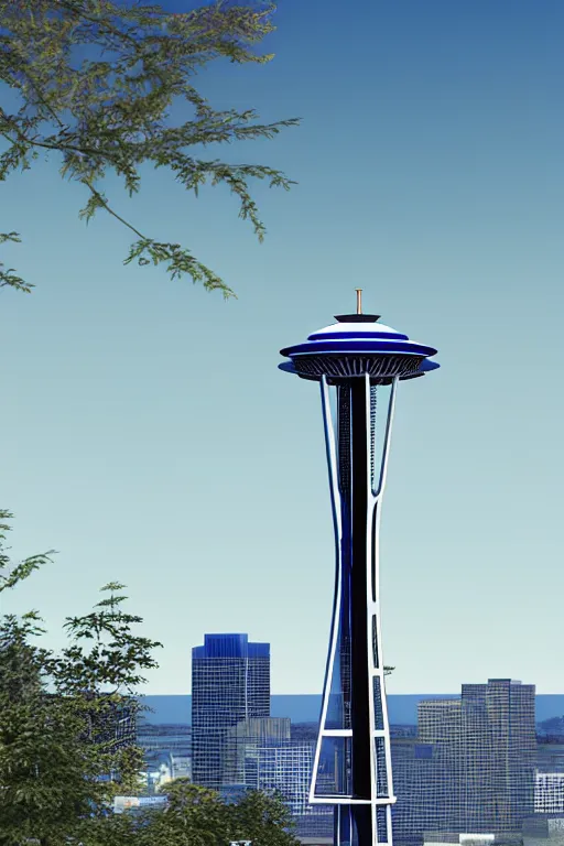 Prompt: space needle in photorealistic unreal render style, blue background