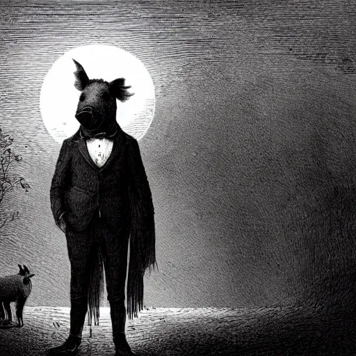 Prompt: pig in a tuxedo, illustration by Gustave Doré, high detail, eerie, barn, creepy, dark, night, misty, moon, chiaroscuro, film noir