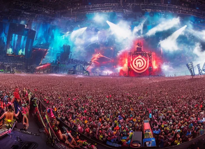 Prompt: wide angle view of a massive mainstage of defqon 1 music festival in 2 0 5 0 by chris foss, pastel colors, dramatic perspective, highly detailed, ultra realistic, masterpiece, 4 k, 8 k
