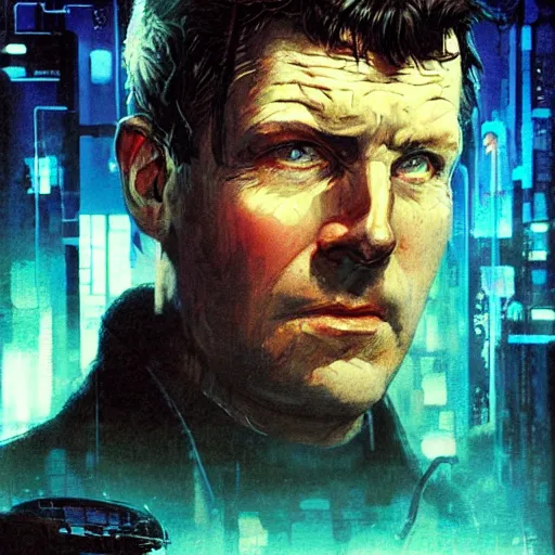 Prompt: Armitage from the novel Neuromancer, washed up, old ex military, old man, portrait shot, wires, cyberpunk, movie illustration, poster art by Drew Struzan