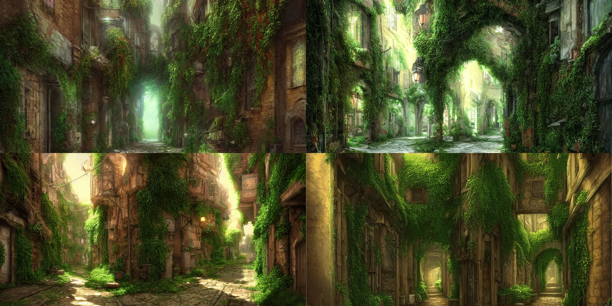 Prompt: concept artwork realistic hyper detailed render 4 k stylized old jaffa very overgrown green ivy alley contrast shadows artstation