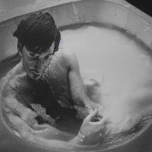 Image similar to A wet-collodion photograph of a man laying in a bath filled with milk, body submerged face peeking through