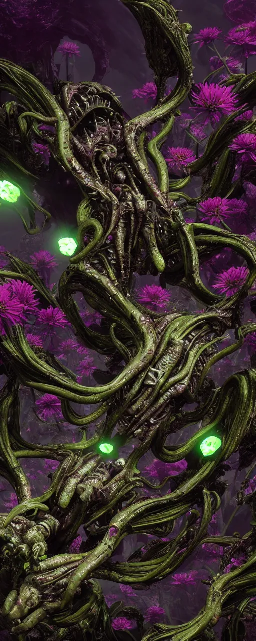 Prompt: visceral exoskeletal formations surrounding of aliens flowers and plants, mythical ancient life, concept art, dramatic contrast photorealistic lighting, surreal, hyper detailed, cycles 3 d render, 8 k