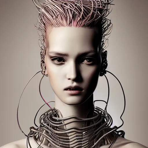 Image similar to the portrait of an absurdly beautiful, graceful, sophisticated, fashionable cyberpunk gravure idol, an ultrafine hyperdetailed illustration by kim jung gi, irakli nadar, matt wisniewski, fashion photography, intricate linework, iridescent wiring, porcelain skin, unreal engine 5 highly rendered, global illumination, radiant light, detailed and intricate environment