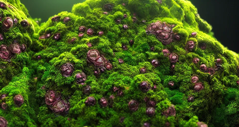 Image similar to a beautiful macro photography of moss with alien fungus, hyperdetailed, warm volumetric lights, made by gerald brom and mike winkelmann