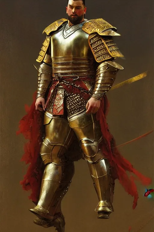 Prompt: beefy male wearing armor, tang dynasty, painting by gaston bussiere, craig mullins, j. c. leyendecker, tom of finland