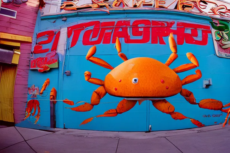 Image similar to 2 0 1 5 cute giant crab terrorizing a city, googie city, americana, fishcore, exterior photography, hd 8 k, photography cinestill