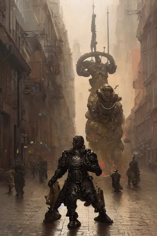 Prompt: a soldier on city street accompanies martyn ford as a huge bipedal dhell emon with bulbous torso wearing armour, painted by ruan jia, raymond swanland, lawrence alma tadema, zdzislaw beksinski, norman rockwell, jack kirby, tom lovell, alex malveda, greg staples