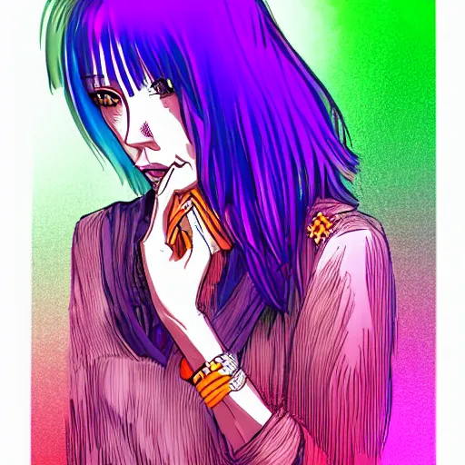 Image similar to Woman standing in front of fountain, smoking cigarette, highly detailed anime portrait. Purple and orange color scheme digital art (5px vector outline contour, anime shading line art)