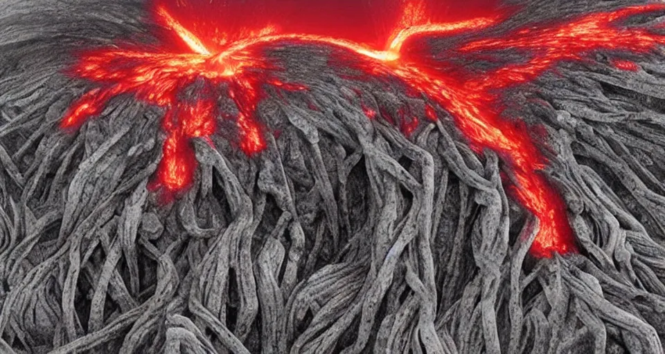 Image similar to a volcano made of ivory vines and crimson rocks enters in eruption, it spits a smoke in the shape of demonic eye, from Berserk