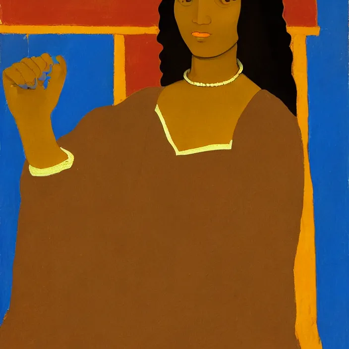 Image similar to an Afro American girl as Mona Lisa by Jacob Lawrence