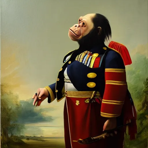 Image similar to An exquisite modern painting of a chimpanzee dressed like a bearded Napoleon with correct military uniform, no frames