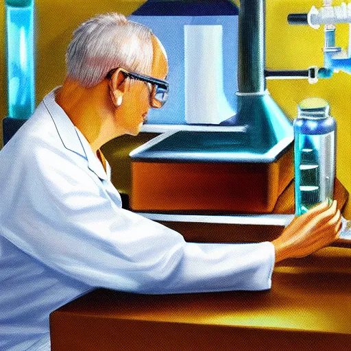 Prompt: a scientist discovered in his laboratory the cure for cancer. digital art. oil in painting.