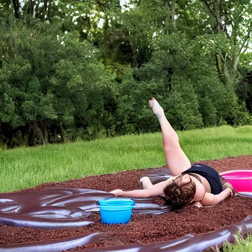 Image similar to adult sliding down chocolate pudding slip n slide legs first, professional photo taken at the park