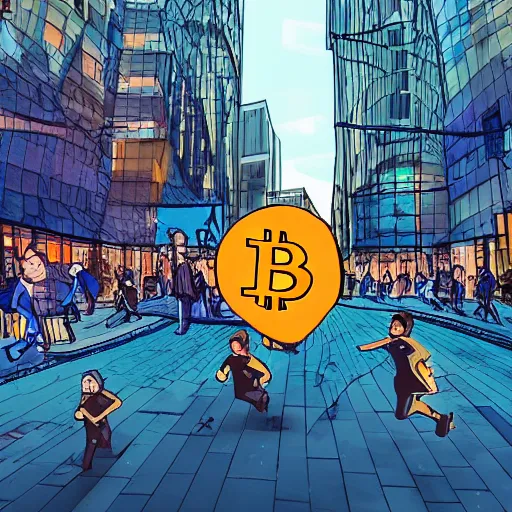 Image similar to bunch of people running away from a bitcoin giant in the city, hyper detailed, hdr, 8 k, beautiful lighting, dribbble art