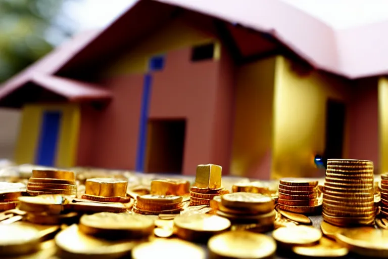 Image similar to a house, made of gold, under construction, with builders, with piles of coins around it