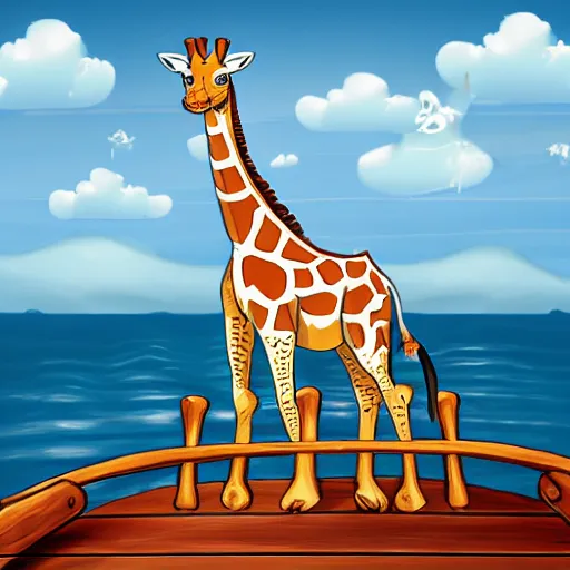 Image similar to giraffe dressed as a pirate on a wooden ship, hand drawn hyperreal hd