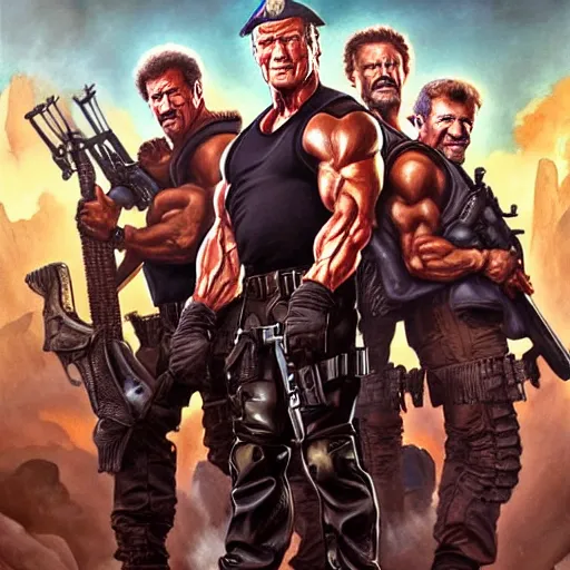 Prompt: A group photo of the cast of Expendables but it's all Arnold Schwarzenegger, western, D&D, fantasy, intricate, elegant, highly detailed, digital painting, artstation, concept art, matte, sharp focus, illustration, art by Artgerm and Greg Rutkowski and Alphonse Mucha