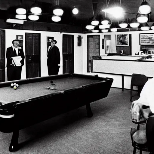 Prompt: From the 1964 photo collection “Cheaters Lives” a man is accused of cheating at pool in a midnight pool hall. Cigarette smoke hangs in the air. There are glasses of scotch on the edges of the pool table. Black and white photo by Ian Berry, 1964. Vintage. Americana.