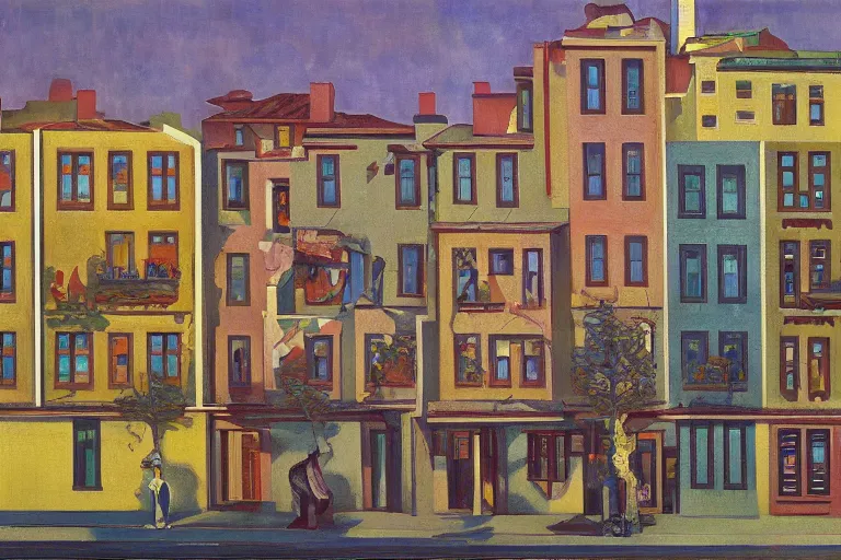 Image similar to unique shops, apartment towers, and cute townhouses along a city street, oil painting by edvard munch, mc escher, stanislaw beksinski, makoto shinkai, jim woodring, aldemir martins, nicholas roerich