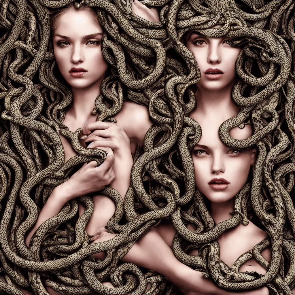 Prompt: a realistic photo of a girl like Medusa with intricate ornament snakes like hair total body in photographic style of Vogue Magazine, wallpaper, fine art photography, hyper realistic, hyper detailed