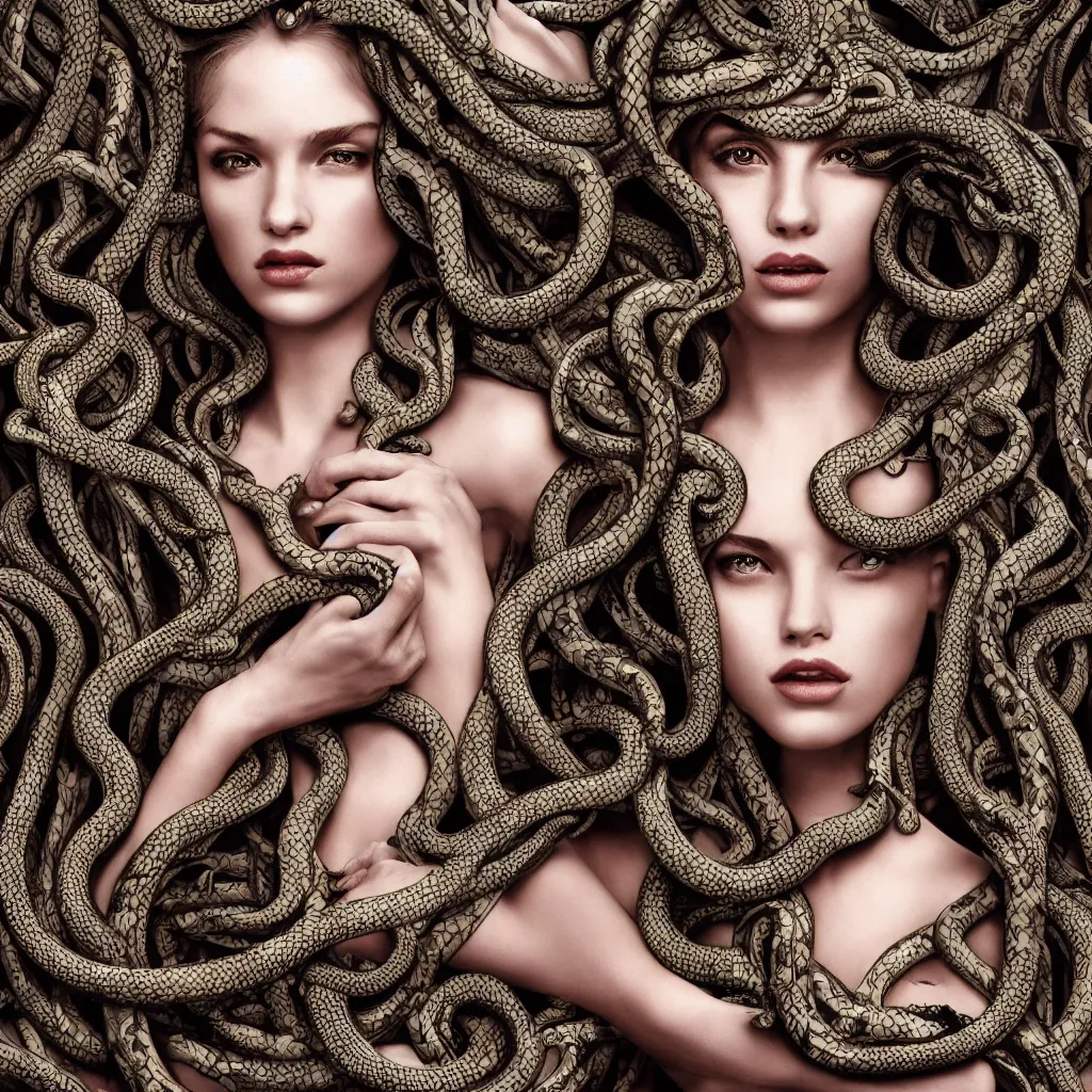 Splash art of beautiful Medusa with snake hair weari...