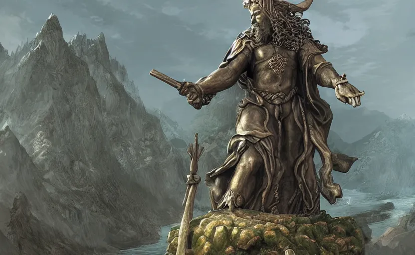 Prompt: A large statue of a wizard guarding a river valley, landscape art, concept art, intense