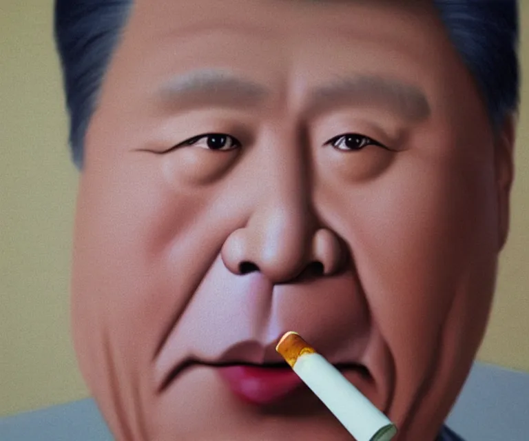 Image similar to hyperrealism movie still photography of real detailed high xi jinping with detailed face smoking detailed weed in detailed basement bedroom with high winnie the pooh hyperrealism photography by araki nobuyoshi