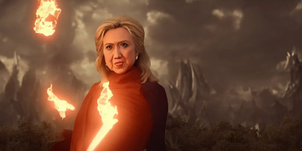 Image similar to hilary clinton as an evil elven princes casting a fireball anime style, moody lighting, octane render