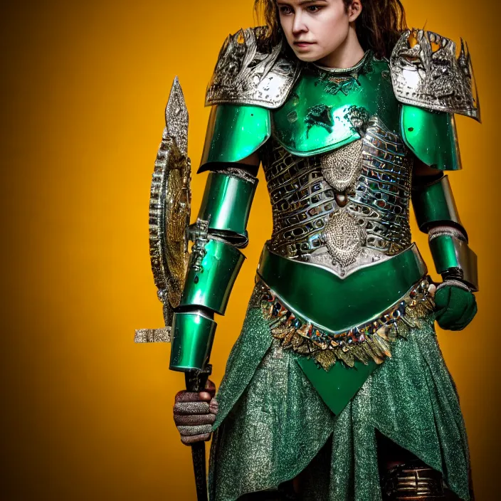 Image similar to full length photo of a beautiful warrior queen wearing emerald encrusted armour, highly detailed, 4 k, hdr, smooth, sharp focus, high resolution, award - winning photo