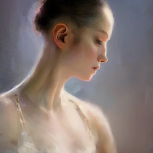 Image similar to beautiful aesthetic inspirational digital oil painting of a close - up ballerina, by greg rutkowski, ultra detailed, fine details, trending on artstation, volumetric light.