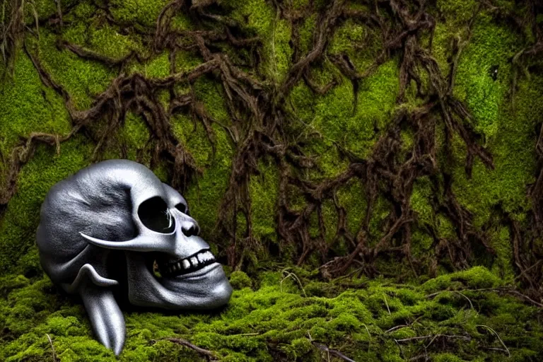 Image similar to high quality scary alienated monster skull statue sitting in the middle of a dark and creepy forrest, partly covered with moss, highly detailed, cinematic smooth, stephen shore & john j. park, soft morning light, wide shot, high angle, uhd 8 k, deep focus