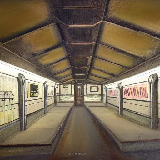 Prompt: painting of an abandoned art deco subway station