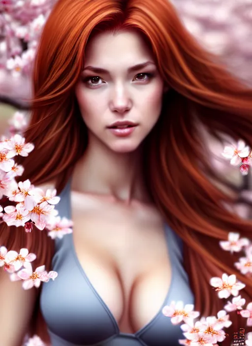 Prompt: photo of a gorgeous female with auburn hair in the style of stefan kostic, realistic, body shot, sharp focus, 8 k high definition, insanely detailed, intricate, elegant, art by stanley lau and artgerm, cherry blossoms