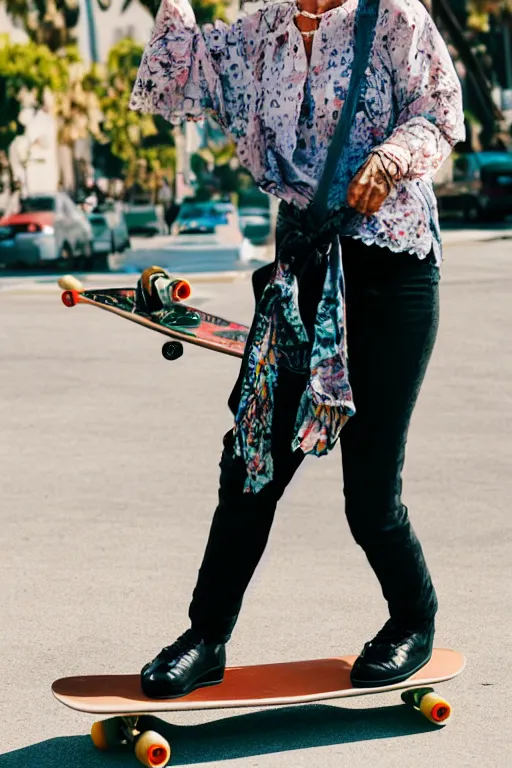 Image similar to a portrait of a fashionable gran on a skateboard in los angeles