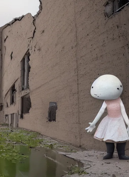 Image similar to humanistic anthropomorphic female axolotl exploring the ruins of chernobyl wasteland, front face