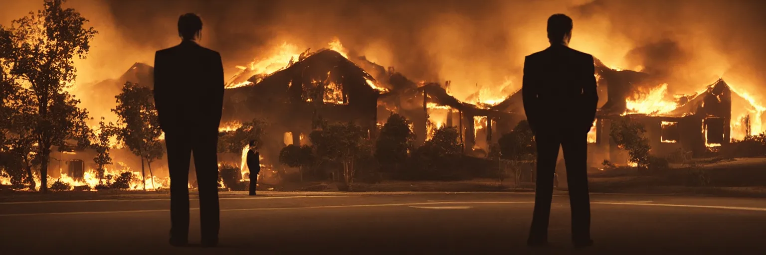 Image similar to detailed medium format photo, cinema still from movie lost highway, sleazy man watching night streets while a single house burns in the background, haze, americana, high production value, intricate details, 8 k resolution, hyperrealistic, hdr, photorealistic, high definition, tehnicolor, award - winning photography, masterpiece, amazing colors