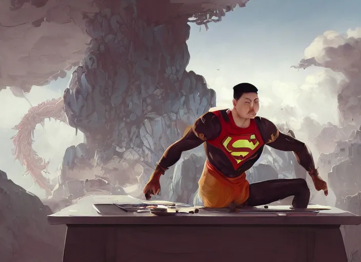 Image similar to an insanely detailed painting of an asian man wearing a homemade superhero costume, sitting at a desk, staring seriously at the computer and typing, in the style of peter mohrbacher, james jean, ruan jia, dramatic lighting and composition, surreal background, octane render, pixar, trending on artstation, concept art, comic book, view from behind, 8 k