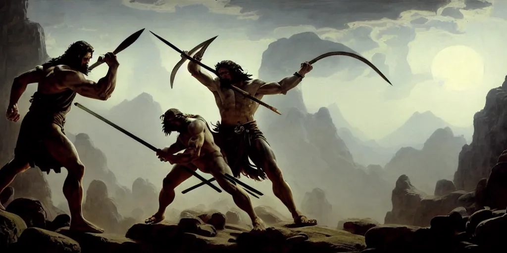 Image similar to realistic painting of biblical Cain with a spear fighting Abel with a scythe, a stone altar with white smoke ascending in the background, masculine and rugged, inspired art by Frazetta + facial symmetry + dramatic volumetric lighting, well lit, 8k octane render, intricate, epic composition, grim yet sparkling atmosphere, cinematic lighting + masterpiece, trending on artstation, very detailed, masterpiece, stunning