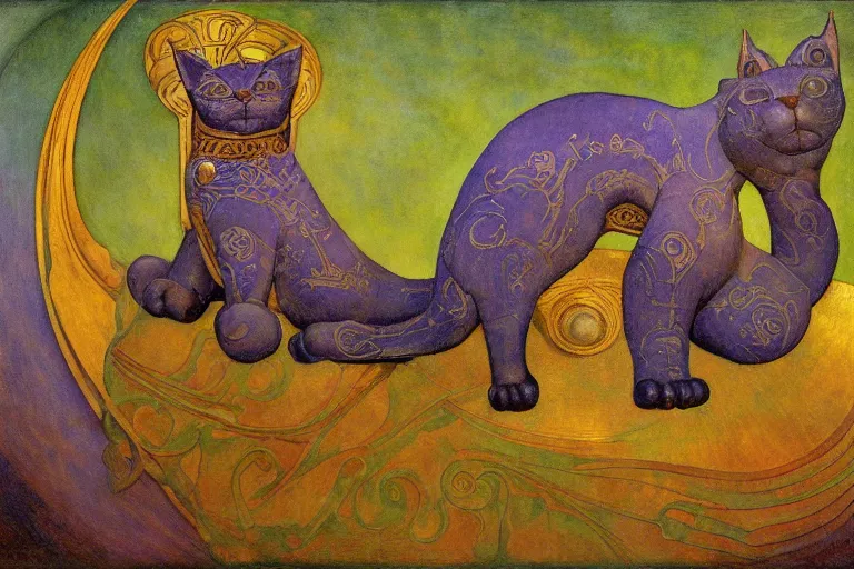 Image similar to ornate mechanical cat, by annie swynnerton and diego rivera and nicholas roerich and jean delville, symbolist, dramatic lighting, god rays, elaborate geometric ornament, art brut, colors are soft greens and blues and purple, smooth, sharp focus, extremely detailed, adolf wolfli and ( donato giancola )