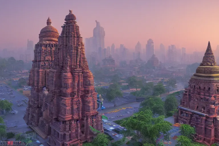 Image similar to high quality 3 d dreamscape! mumbai with biomorphic hanuman!! head building, kalighat highly detailed, unreal engine cinematic smooth, stephen shore & john j. park, soft morning light, wide shot, high angle, uhd 8 k, deep focus