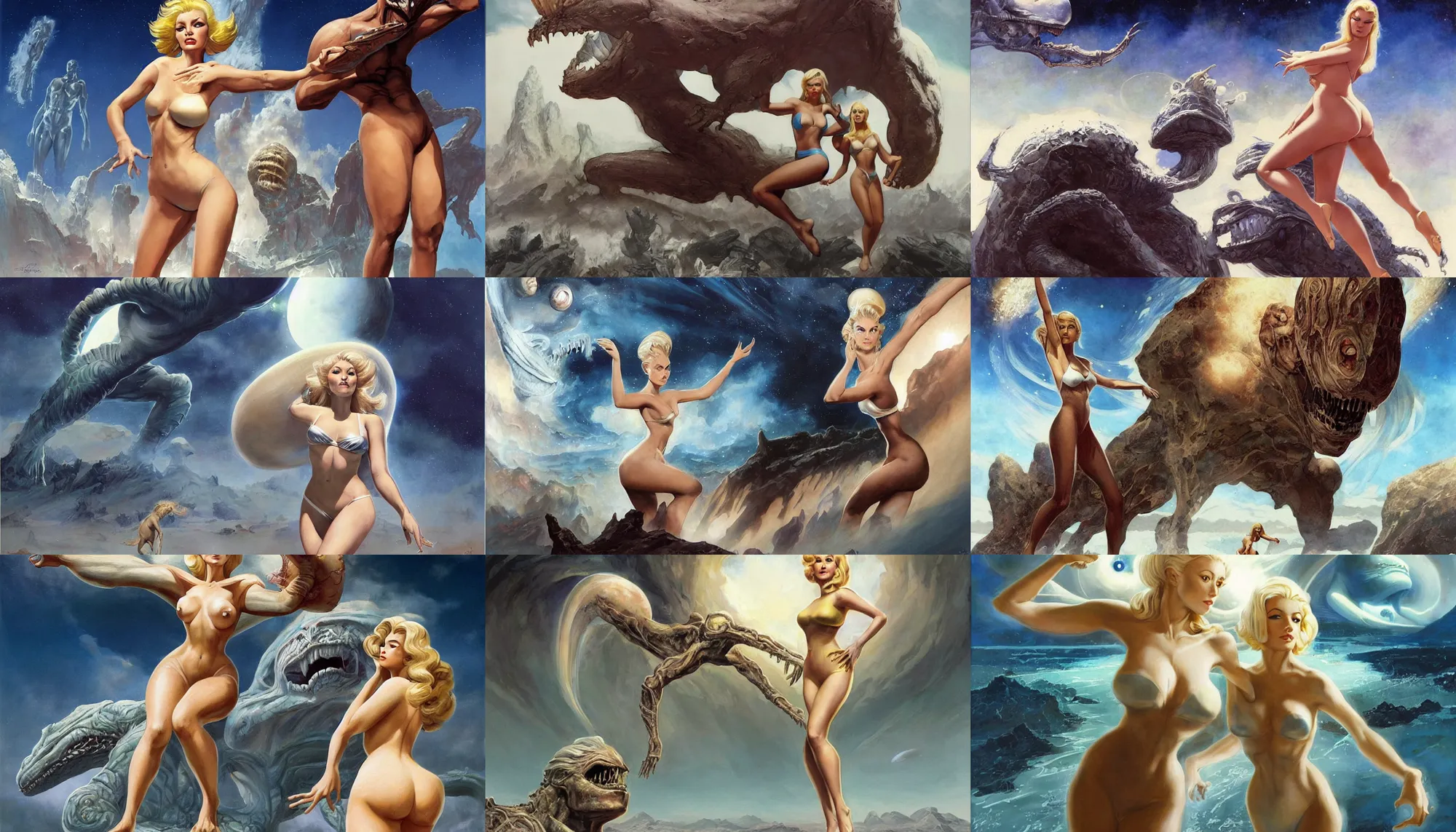 Prompt: a mixed media painting of one very beautiful blonde woman fleeing from a distant colossus creature on an alien world, elegant, aesthetic!!! symmetrical face and eyes, sixties pinup, photorealistic, curvy by frank frazetta, greg rutkowski, boris vallejo, donato giancola, christian macnevin, white bikini