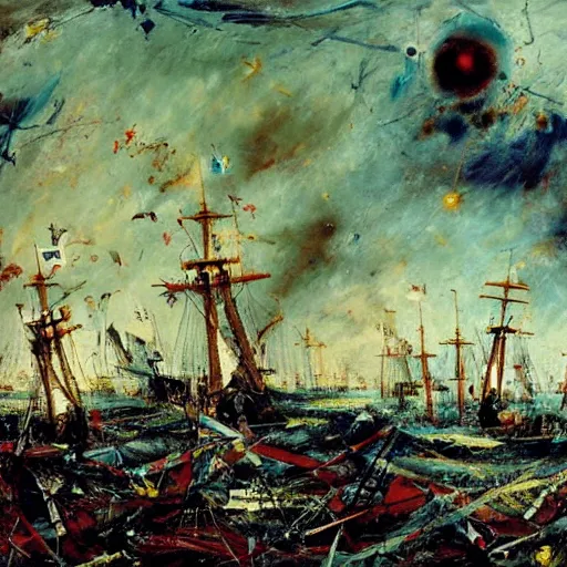 Prompt: battle of cape ecnomus, in the style of jackson pollock